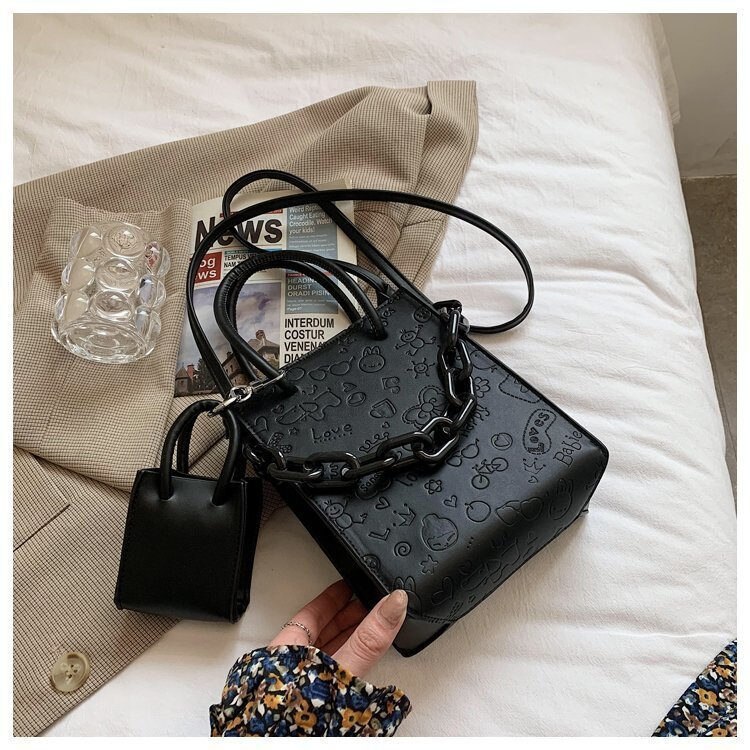 PU Leather Women Shoulder Bags 2Pcs Sets Ladies Handbags Teenage Girls Crossbody Bags Cartoon Print Purses for Women Bag: Black