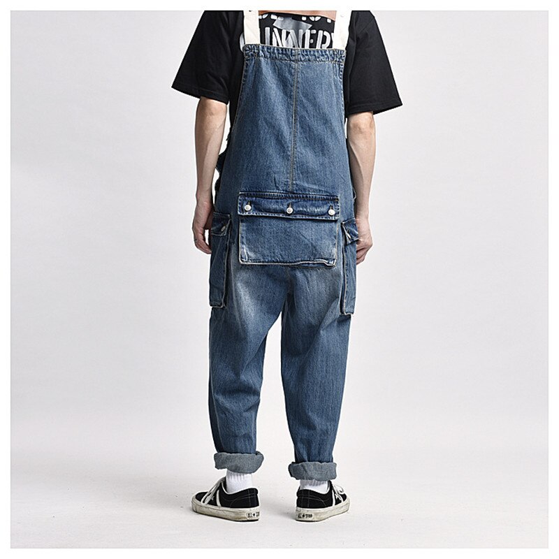 Man Harajuku Hip Hop Denim Bib Overalls Loose Fit Workwear Cargo Jeans Jumpsuits With Multi Pockets Suspender Pants