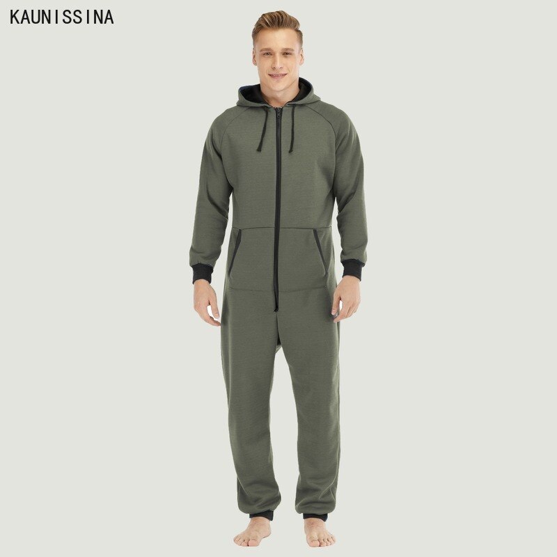 Ensemble pyjama épais pour homme, vêtements d'hiver, manches longues, capuche, fermeture éclair à l'avant, doublure polaire, tenue longue