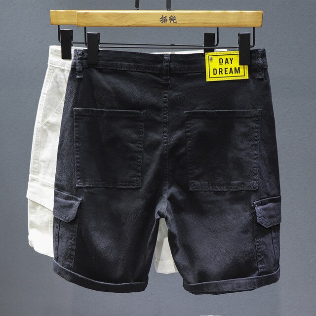 Short en jean multi-poches pour homme, salopette, vêtement de travail, blanc, décontracté, droit, ample, taille 38