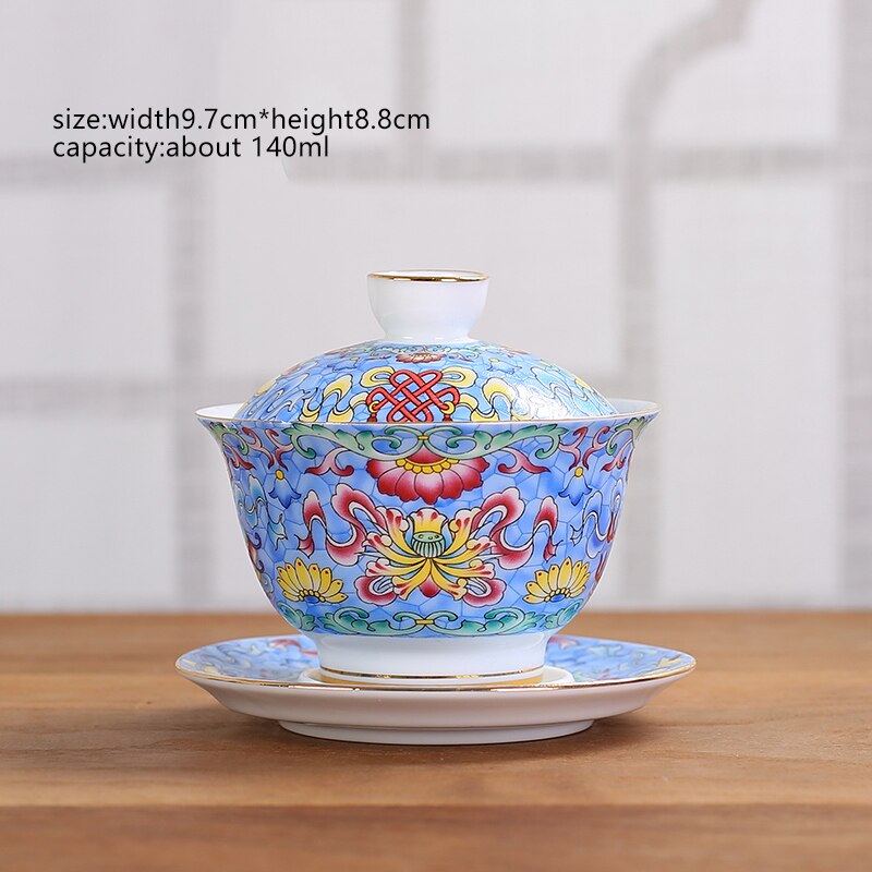 Cuenco de té de porcelana de cerámica con flores, 145ml, juego de platillo con tapa, esmalte, taza maestra Gaiwan china, vajilla de: H Style