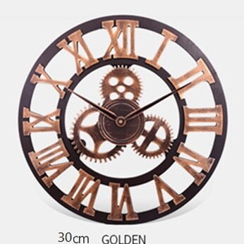 Getriebe retro Wanduhr Große 3D Römische Ziffer Geräuschlos nordisch Riesen Holz Jahrgang Uhren Horloge Wohnzimmer Bar Wohnkultur kunst: römisch Gold / 30cm