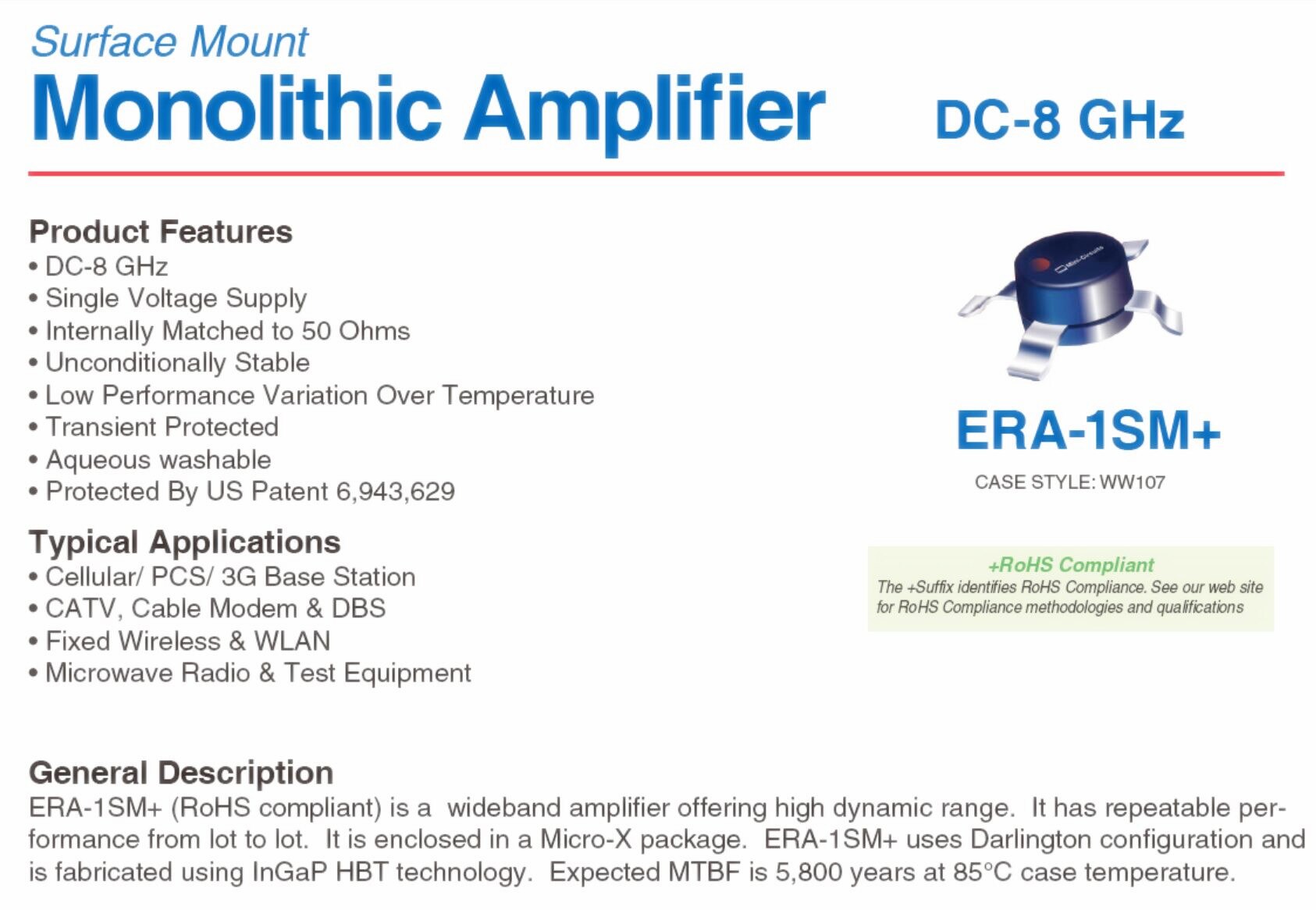 LNA Broadband 10M-8GHz Gain 12dB RF Amplifier Low Noise ERA-1Module