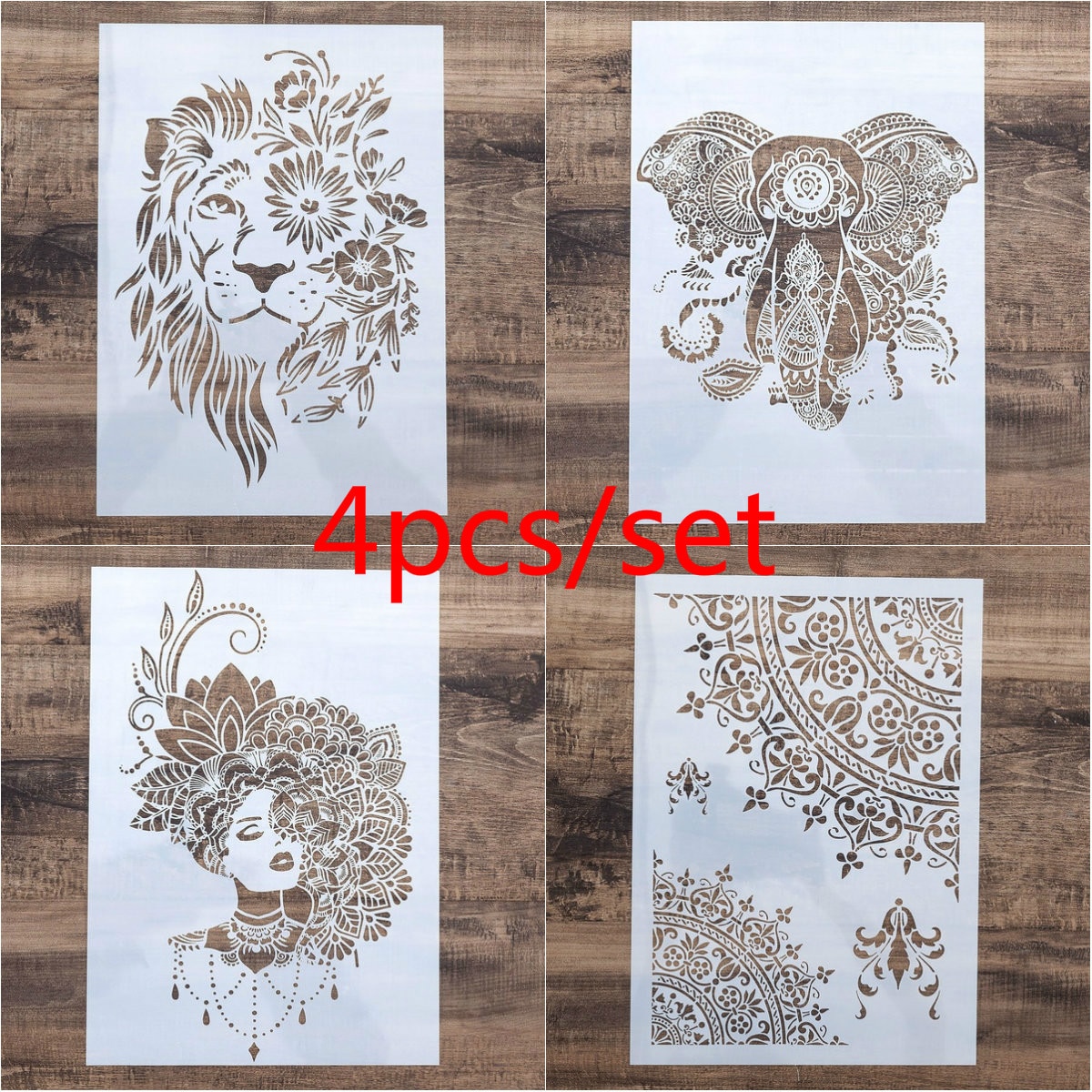 4pcs A4 Size DIY Craft LLion Elephant Mandala Stencil for Wall Painting Scrapbooking Stamping Stamp Album Decorative Embossing