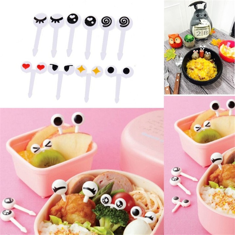 Tenedor de fruta con ojos bonitos para niños, palillo de fruta de plástico, Bento, almuerzo, aperitivo, pastel, postre, comida, palillo de dientes, vajilla de cocina, decoración, 10 unids/paquete