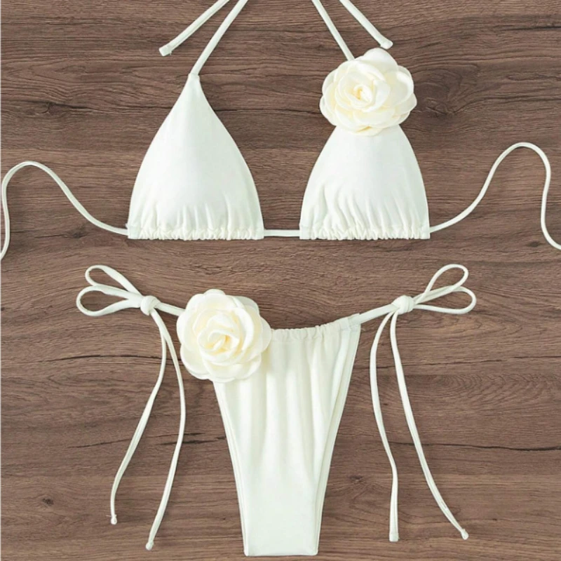 S - L Sexy 3D flores Halter Bikini con tiras mujeres traje de baño traje de baño femenino conjunto de Bikini de dos piezas bañista traje de baño nadar