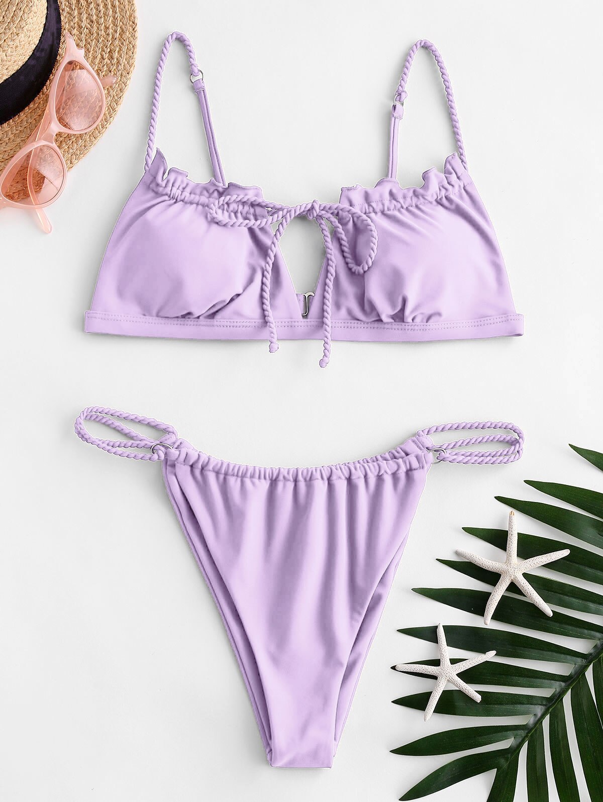 ZAFUL-Conjunto de Bikini con lazo trenzado para mujer, conjunto de Bikini femenino de tela brillante, trajes de baño sólidos azules, ropa de playa de verano,: Mauve / S