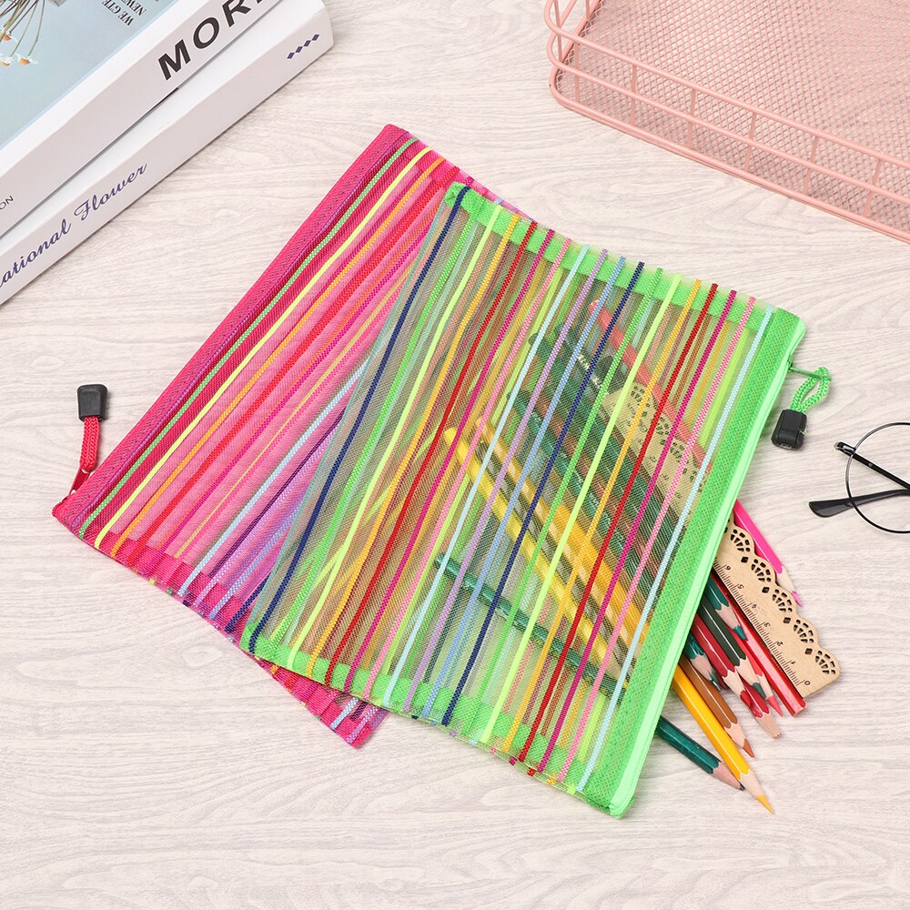 1pc Simple Rainbow Color Mesh Document Bag Zipper Stationery Bag Multicolor Nylon Pencil Case Student Office Supplies