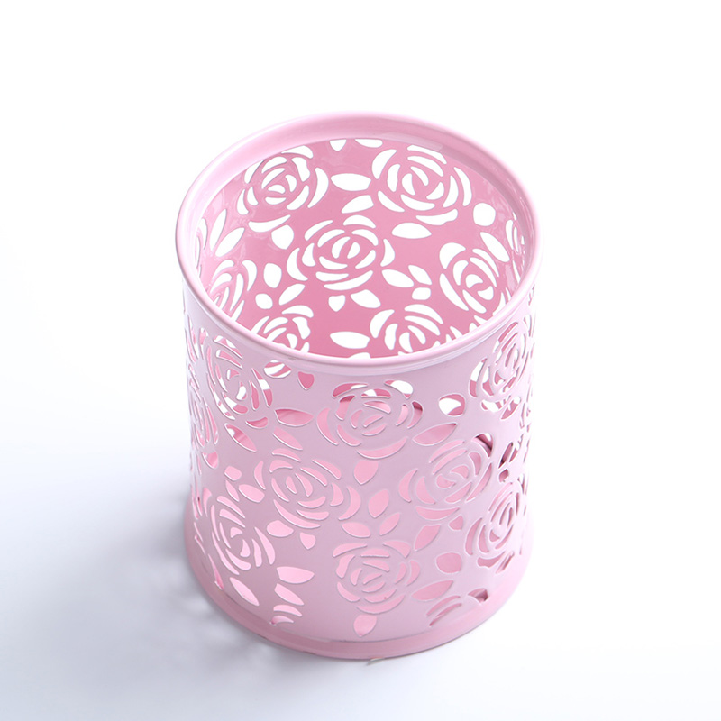 1PC Storage Organizer Hollow Rose Flower Pen Case Pencil Stand Container Stationary Study Round Pen Holders: Pink