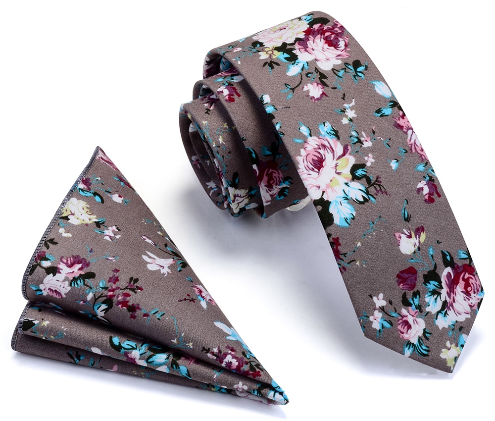 Ricnais 100% Cotton 6cm Slim Pocket Square Necktie Set Red Bule Floral Print Handkerchief Ties Set For Men Party Skinny Neck Tie
