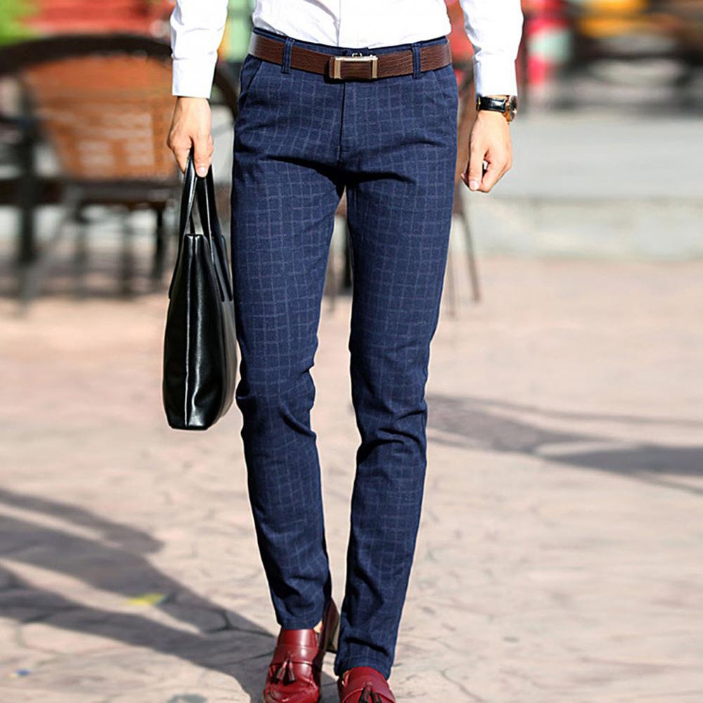 Men Suit Pant Smart Casual Business Autumn Winter Plaid Check Pocket Long Slim Trousers Office Dress Pants
