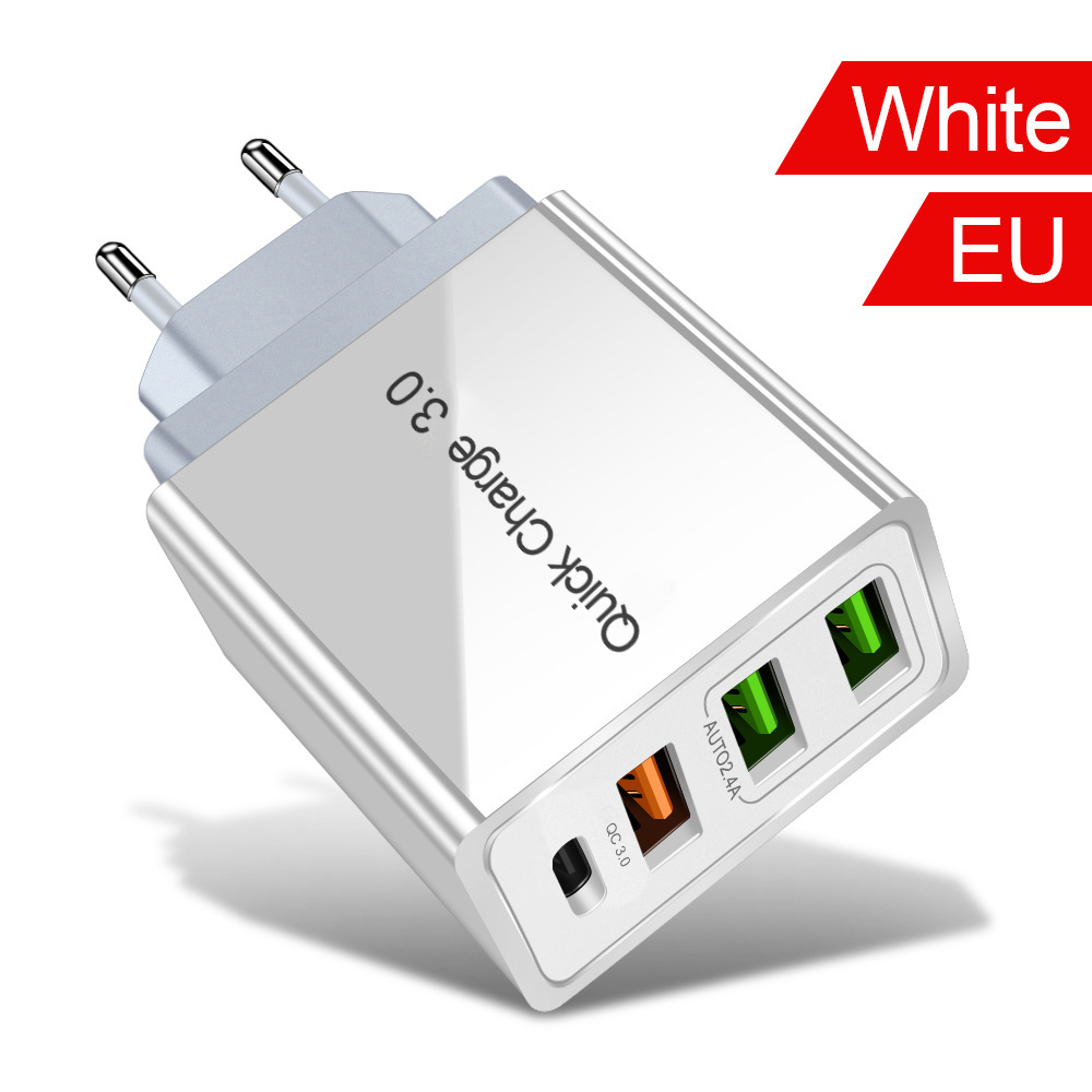 48W USB Quick Charge 3.0 PD Type C USB Charger for Samsung iPhone Tablet QC 3.0 Fast Wall Charger US EU UK Plug Adapter: 3 Port White EU