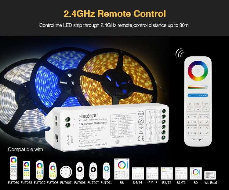 Miboxer LS2 LED Controller 5 in 1 Wireless Control DC12V-24V 15A for Single Color, CCT, RGB,RGBW,RGB+CCT LED Strip