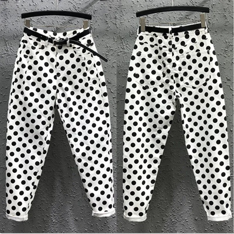 Streetwear Polka Dot Print Denim Nine Points Pants Women Summer Baggy Jeans Woman High Waist Harlan Pants Female Korean