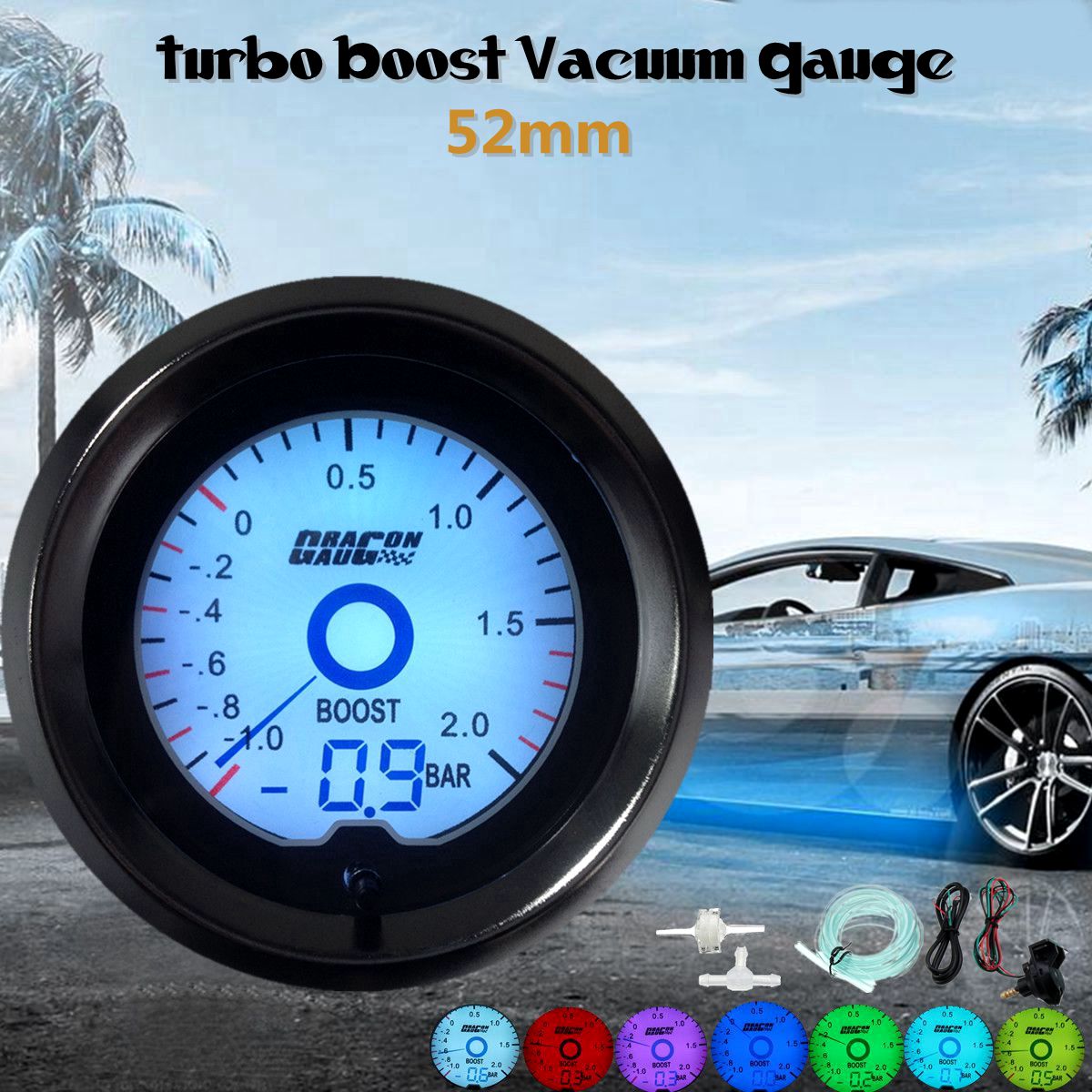 2 ''52 Mm Universele Auto Turbo Boost Vacuum Gauge Bar Digitale 7 Kleuren Led Light Dual Display Zwarte Behuizing auto 12V Boost Meter