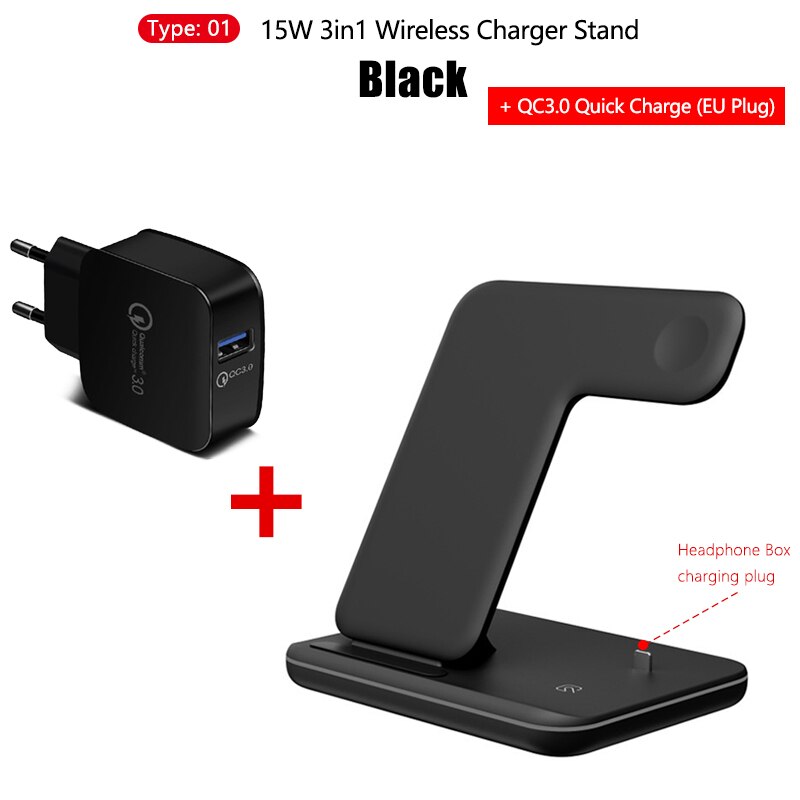 15w 3in1 qi carregador sem fio suporte para iphone 11 xs xr x 8 estação doca de carga rápida sem fio para apple watch 5 4 3 airpods pro 2: Z5 Black and QC3.0