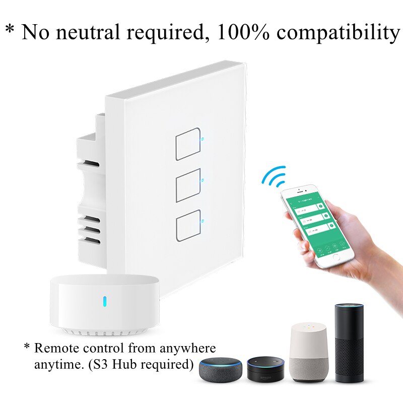 Broadlink TC3 Smart Wifi Muur Light Touch Switch 1/2/3Gang Afstandsbediening Op Off Timer Geen neutrale Nodig Alexa Voice