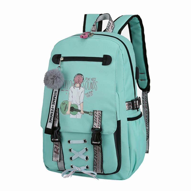 Grote schooltassen voor tienermeisjes, usb met slot, antidiefstalrugzak, damestas, grote middelbare schooltas, jeugd, vrije tijd, universiteit: Groene muziek