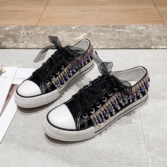 Baskets femmes perles cristal chaussures femmes toile chaussures loisirs à lacets baskets basses noir blanc basket Femme: Black / 38