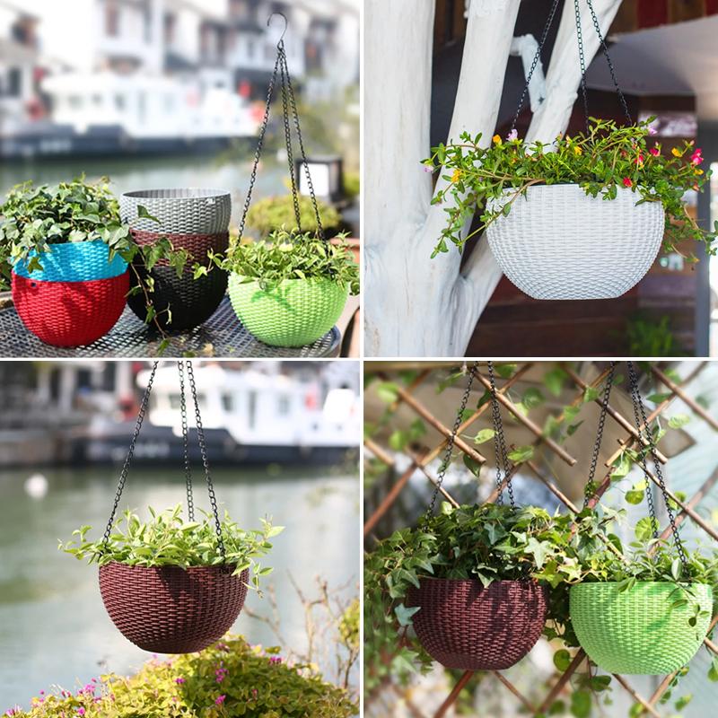 Chaîne suspendue jardinière ronde auto-arrosage panier automatique approvisionnement en eau Pot de fleurs résine tissé en osier Style Pot de fleur