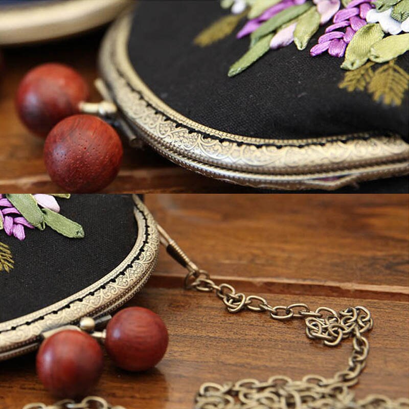 3D DIY Ribbon Embroidery Bag Set, Needlework Kits Cross Stitch Chain Bag with Hoop,Handmade Swing Purse Wallet