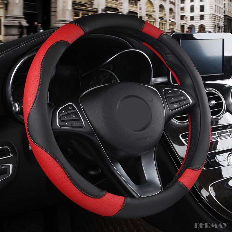 DERMAY Sport Style Contrast Color Non-slip Sweat Good Breathable PU Leatherette 15 Inch Car Steering Wheel Cover: Red