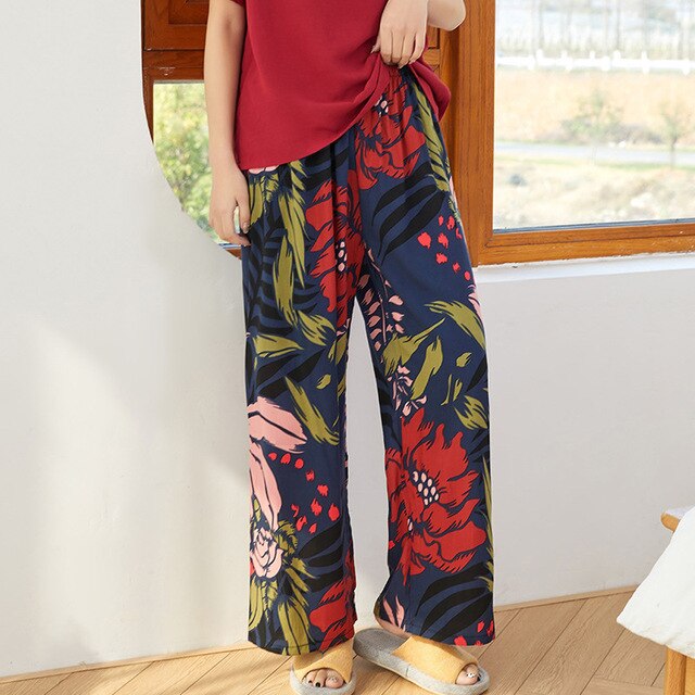 Summer Sleep Wear for Women Pajama Printing Loose Sleep Pants Calf-Length Pants Sleep Bottoms Home Wear: T20