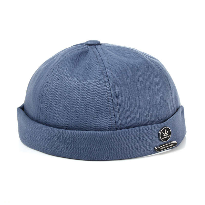 Mænd kvinder skullcap sømand cap blad nitte broderi varm rullet manchet spand cap uden kant hat ensfarvet justerbare bomuld hatte: Blå