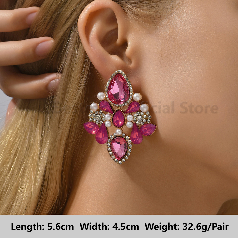 Pendientes colgantes de gota llamativos de diamantes de imitación de color rosa intenso para mujer, colgantes grandes geométricos de de lujo, de joyería para y boda: Zirconia cúbica
