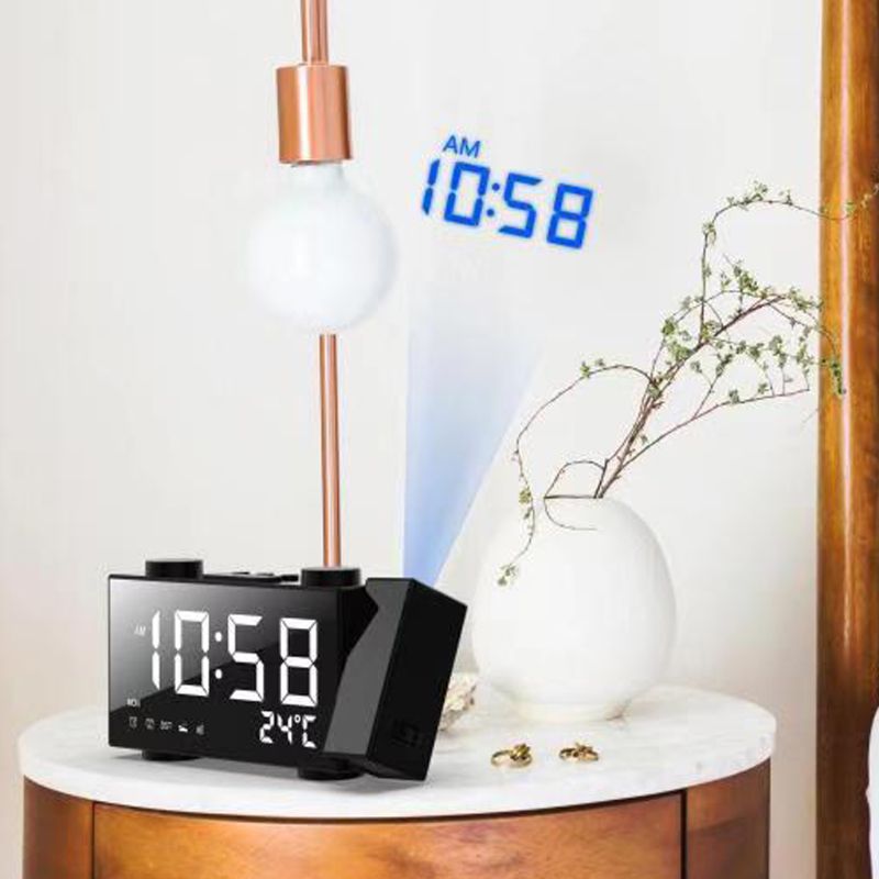 LED Digital FM Radio Projection Alarm Clock Snooze Timer Temperature Display with USB Charge Cable Home Decor