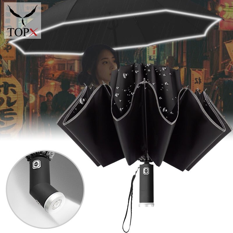 Paraguas con luz LED para el hogar, sombrilla totalmente automática plegable, portátil, a prueba de lluvia, a prueba de viento, ensanchada, resistente y duradera, con ángulo ajustable