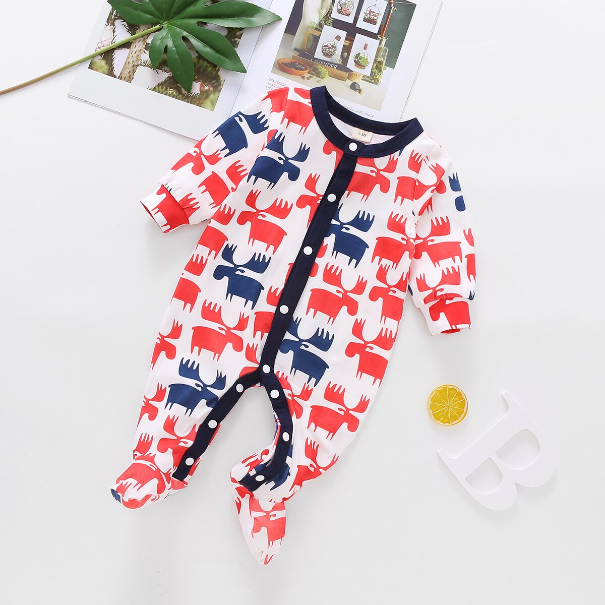 Pasgeboren Jongen Lange Mouw Romper Kerst Elanden Gedrukt Wrap Voet Knop Crew Hals Speelpakje Casual Eenvoudige Stijl Jumpsuit 0-18Months