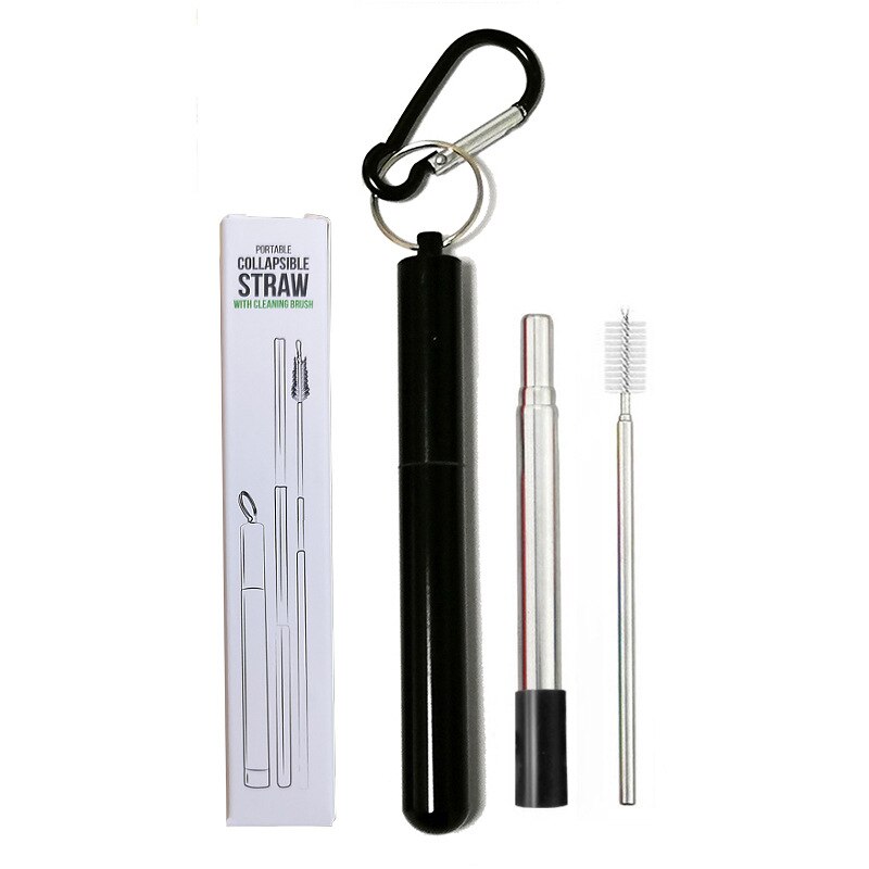 Telescopische Herbruikbare Rietjes Reinigingsborstel Metalen Stro Party Tool Draagbare Rvs Rietje Met Travel Case: Black