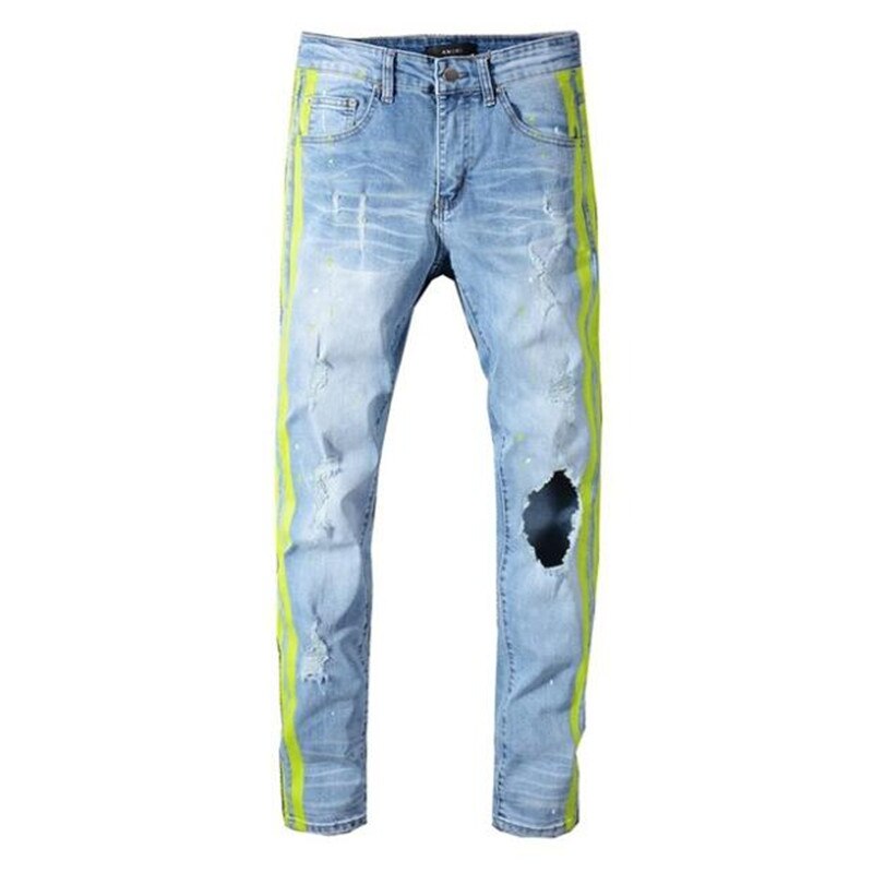 Mænds neon gul farve linjer patchwork rippet jeans huller ødelagt denim stretch bukser: 38