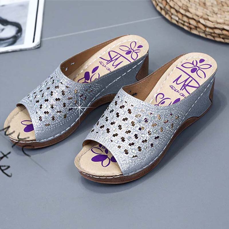 Zomer Vrouwen Wedge Sandalen Premium Bling Bling Open Teen Sandalen Vintage Anti-Slip Lederen Casual Vrouwelijke Platform Schoenen