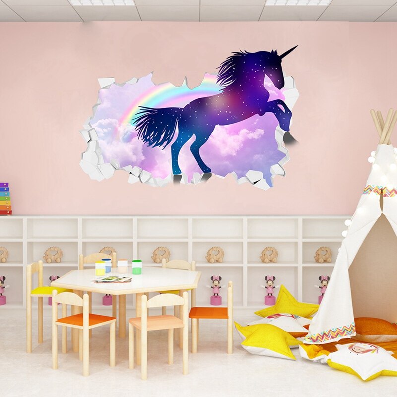 Unicorn horse forset wallstickers 3d break the wall effekt billedindstilling klistermærke dekorativt børnehave indretningsmærkat
