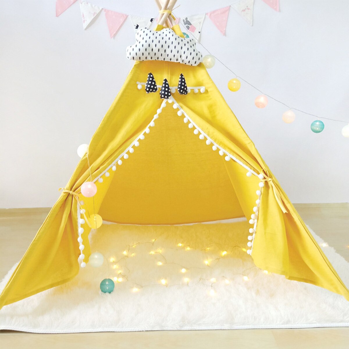 135cm Tipi Tent for Kids Play-Tent Teepee House Wigwam Room Children's Tent Game-House Triangle Teepee Fur ball Sleeping Dome