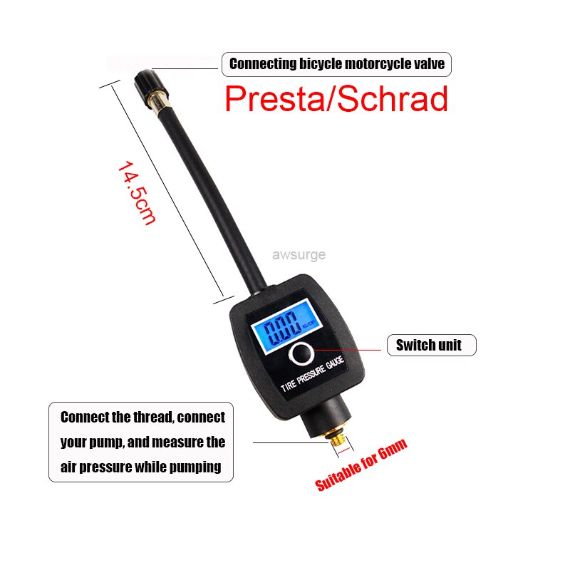 100PM Digital Fahrrad Reifen Luft Manometer Mini Bike Air Reifen Meter Messung Für Presta Ventil/Schrader ventil