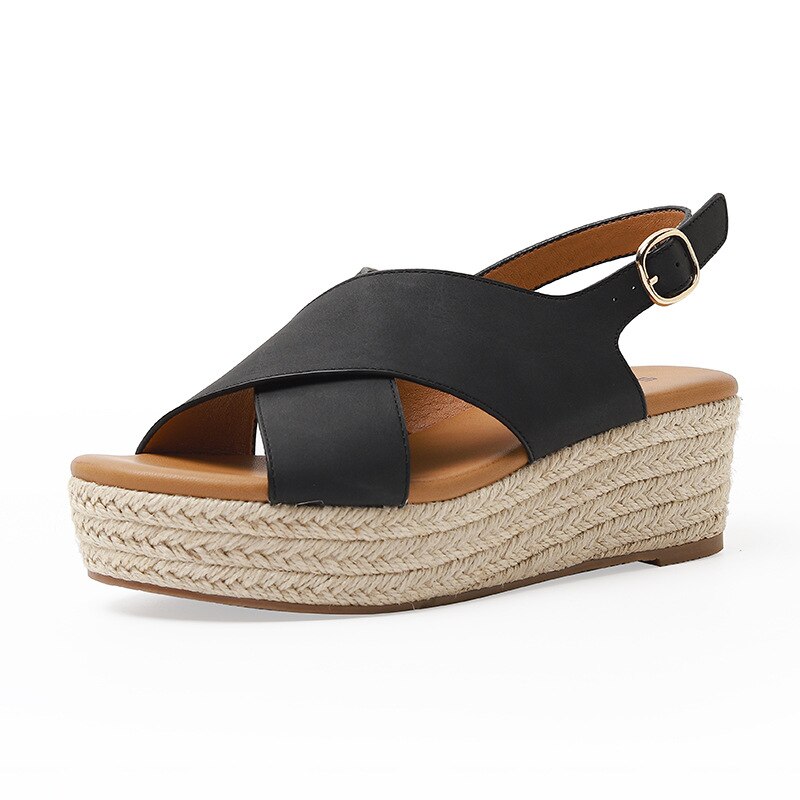 Sandales à semelles compensées en cuir PU souple pour femmes, de luxe, corde tissée, pantoufles de plage décontractées et confortables, 2022: ALM3035-3 black / 40