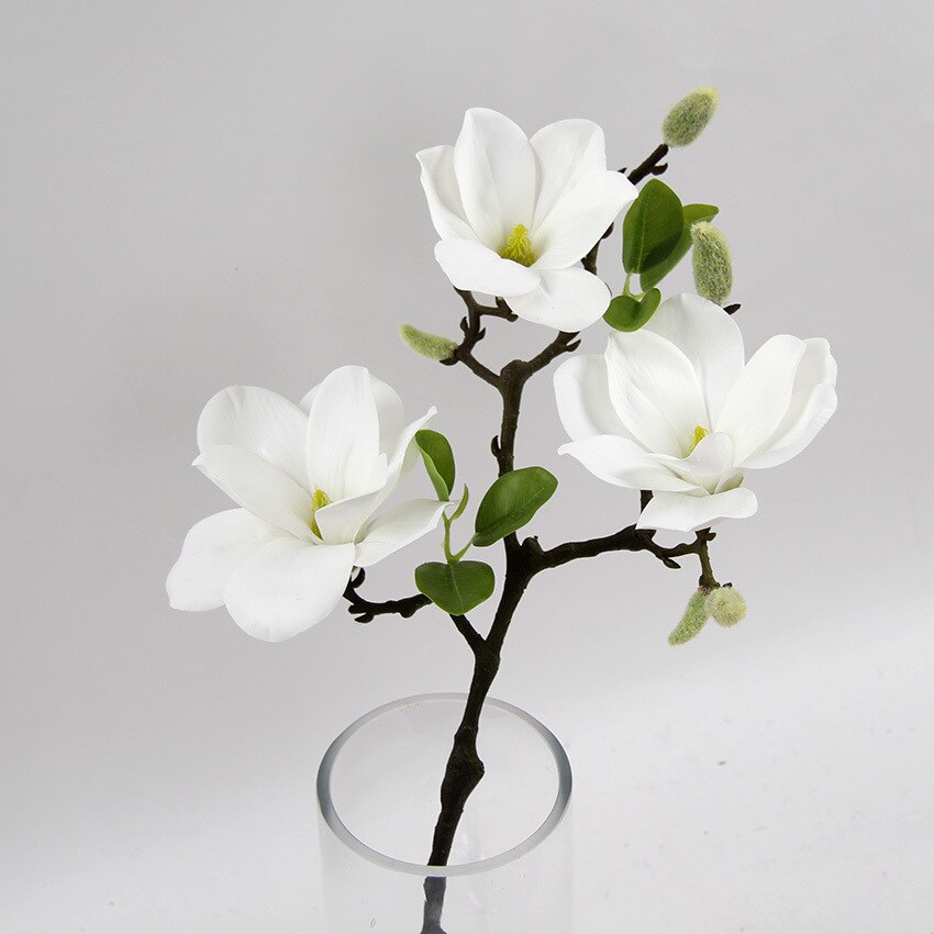 Rama de flor Magnolia abierta de 3 cabezas, flores artificiales para decoración blanca para boda, Decoración de mesa de habitación, flores artificiales