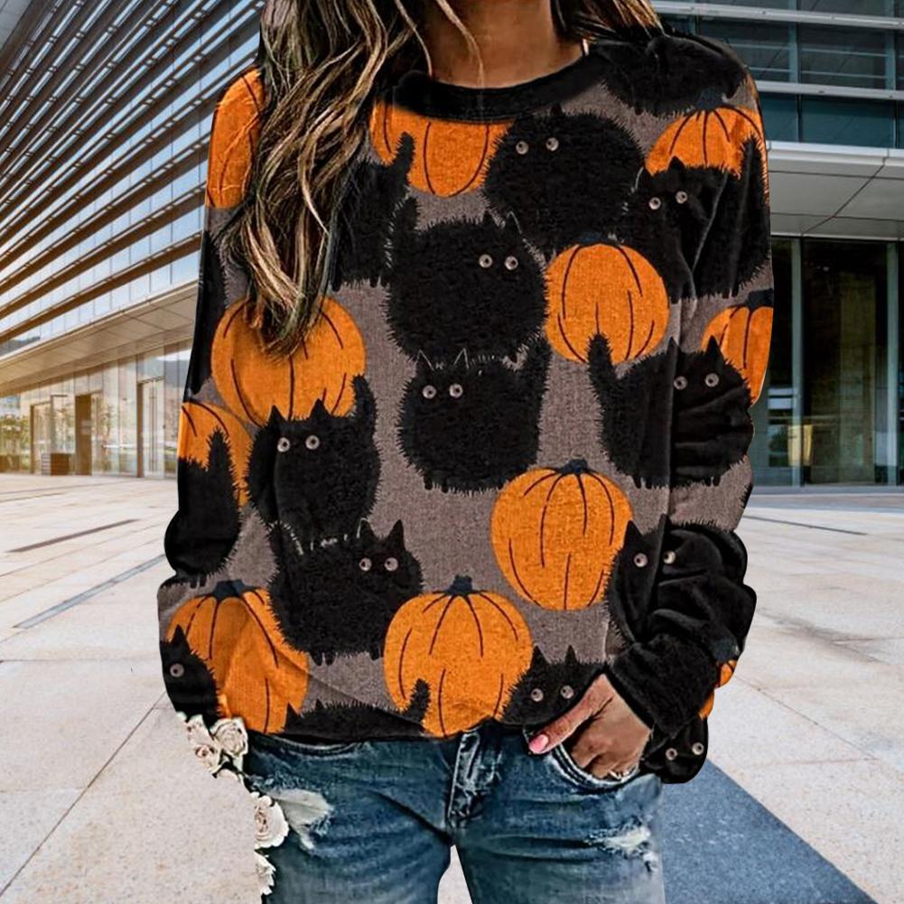 Vrouwen Pompoen Patroon Ronde Hals Sweatshirt Acetaat Fiber Lange Mouwen Voor Halloween Outdoor Indoor