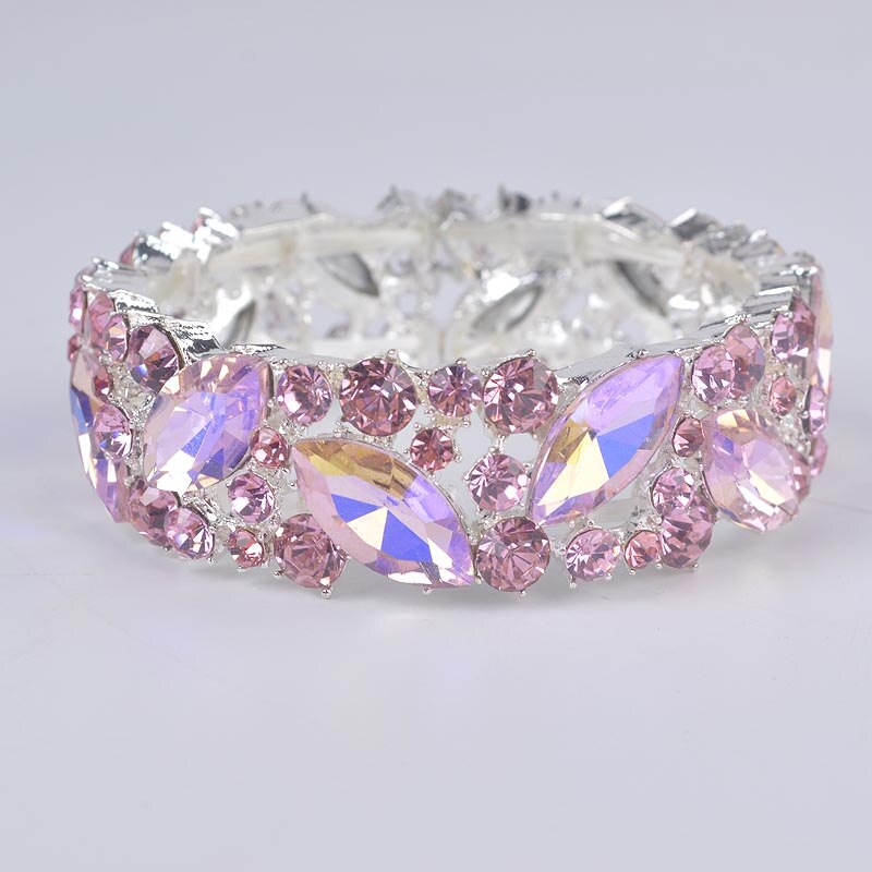 Eenvoudige Ab Kleur Crystal Manchet Armbanden Armband Grote Brede Stretch Bangle Sieraden Giften Voor Vrouwen Bruiloft Accesorios: pink AB