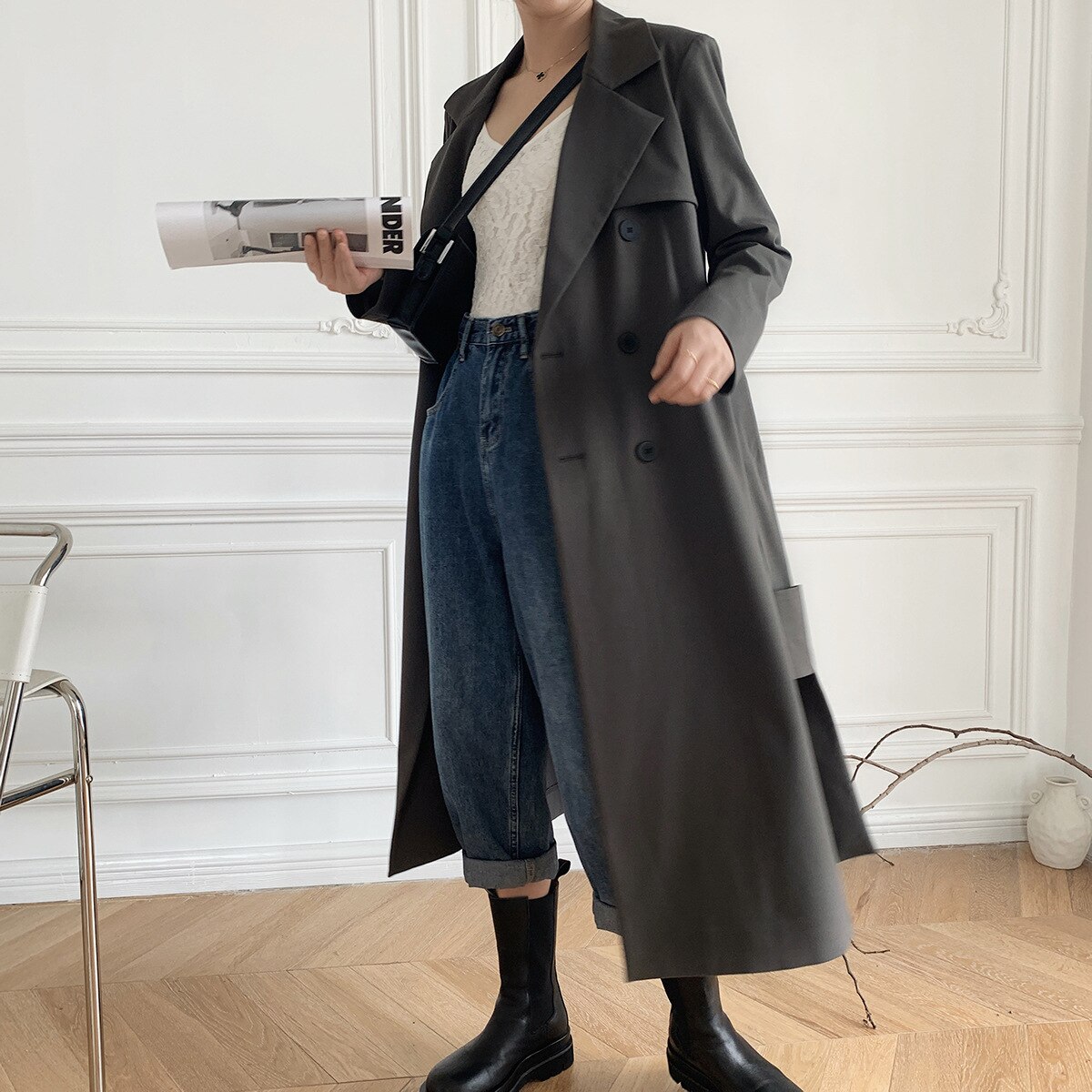 Women Trench Autumn and Winter Mid-length Gray Belted Trench Coat