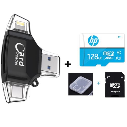 Lector de tarjetas Micro SD 4 en 1 tipo C, adaptador Lightning para iPhone, Android, iPad, MacBook, USB, OTG, extensión de teléfono: Black n 128GB TF