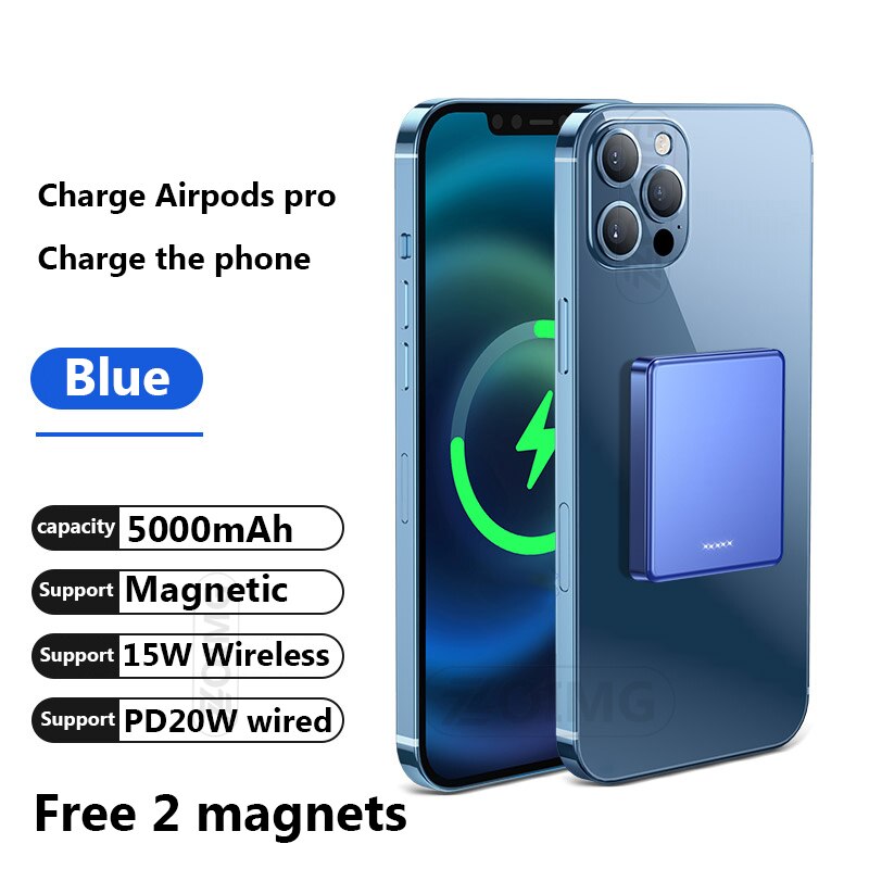 Banco de energía magnético de 10000mAh, carga rápida inalámbrica de 15W para iphone 12, 12Pro, 12proMax 12, mini cargador Magsafe, batería de teléfono móvil: 5000Blue