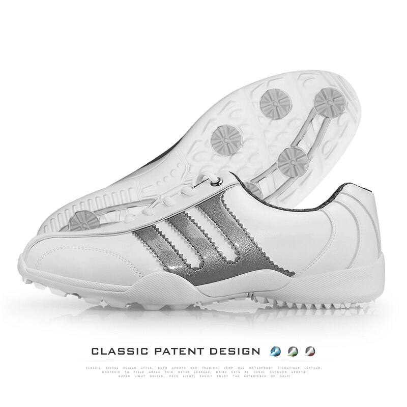 zapatos de Golf para hombre, zapatos de Golf transpirables a prueba de agua, botones giratorios, hebilla, zapatillas deportivas antideslizantes, Golf al aire libre: White Silver / 8.5