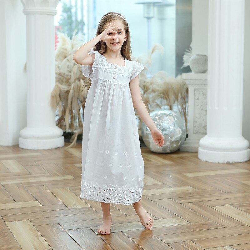 Kids Girls Embroidered Lace Cotton Princess Nightgowns Sleepwear Dress Casual Toddler Girl White Dress