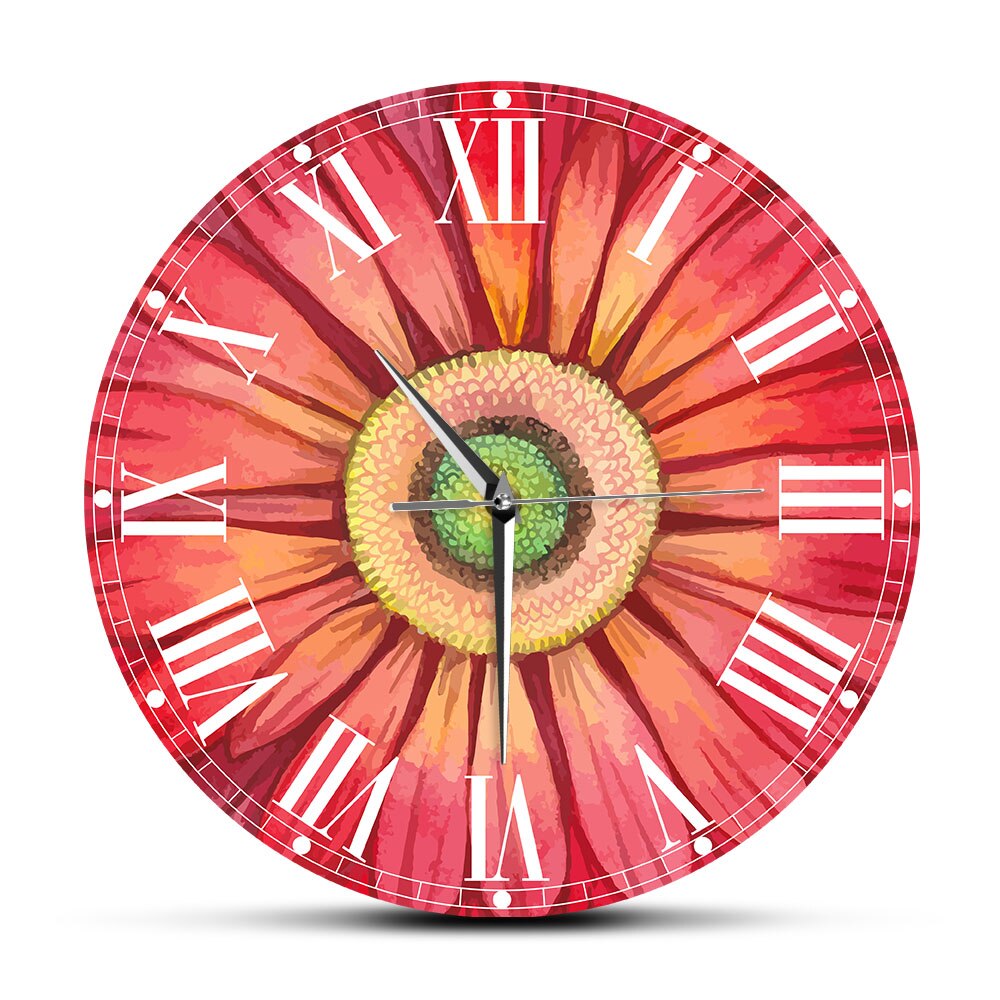 Red Watercolour Gerbera Daisy Paints Large Wall Clock Watch Sunflower Floral Pattern Horologe Living Room Decoration Mute Clocks