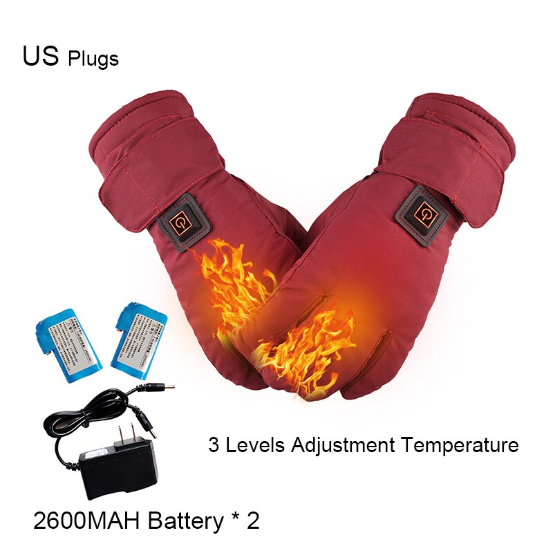 Kobiety elektryczne podgrzewane rękawiczki akumulator 2600MAH bateria litowa ekran dotykowy motocykl skuter narciarstwo rękawice grzewcze: US plugs