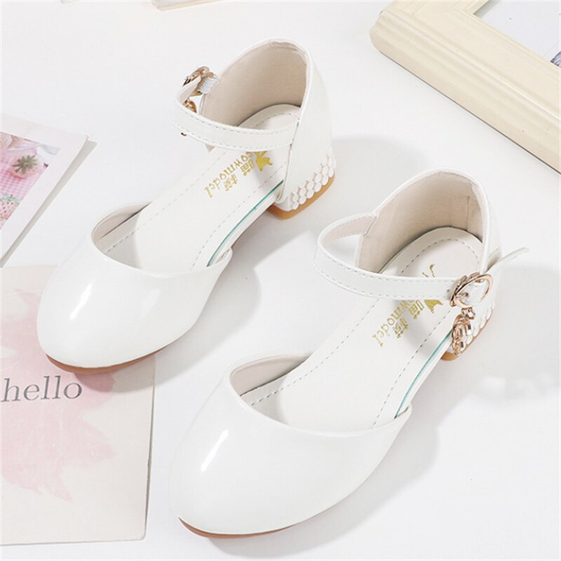 Zapatos de cuero para niñas, calzado de princesa de tacón alto blanco, zapatos de vestir para estudiantes y bebés, novedad, 02